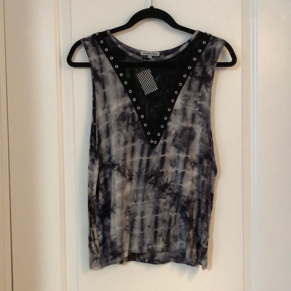 Mesh cutout black and grey tye-dye top